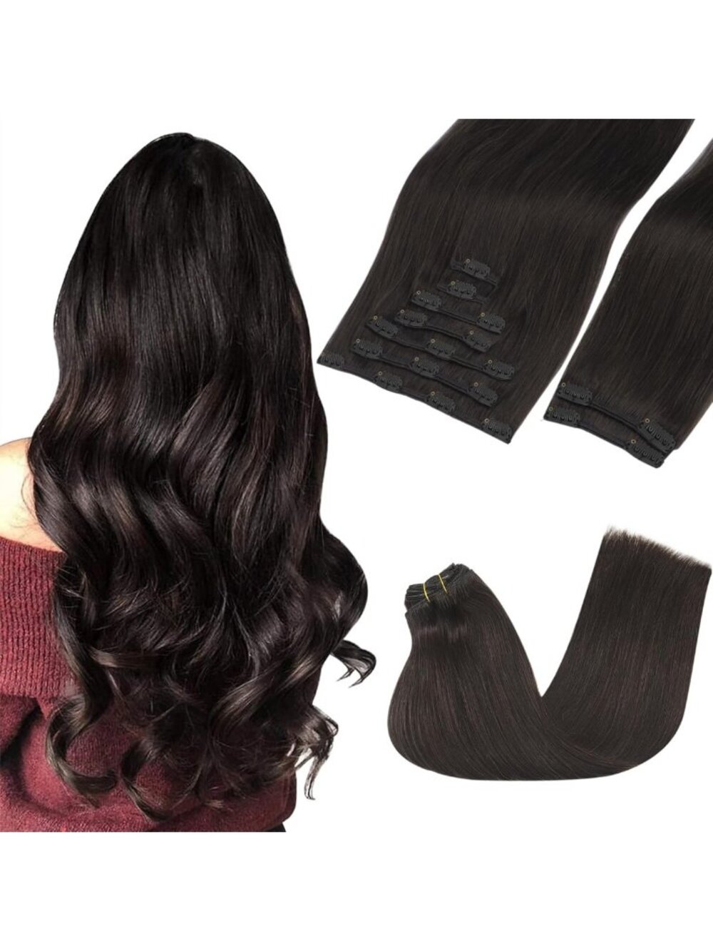 18" Clip-In Real Human Hair Extensions, 150g, Dark Brown, 9 Pieces for Volume